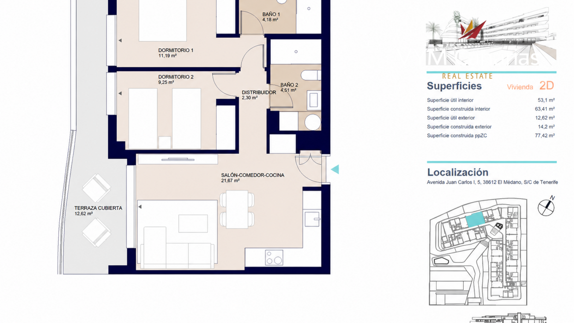 Apartamento en El Médano, Tenerife, España 2 dormitorios, 53 m2 No. 173832