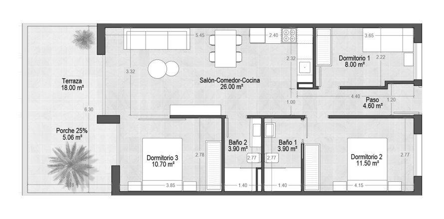 Apartment floor plan «3BR-1», 3 bedrooms in VILLAMAR TOURISTIC APARTMENTS VII