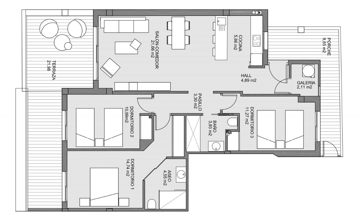 Apartment in Area Beach III, Guardamar del Segura, Alicante, Spa, 3 bedrooms, 128.97 sq.m. No. 96776