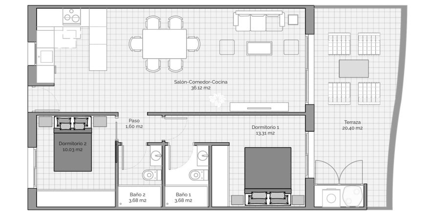 Apartment floor plan «2BR-1», 2 bedrooms in MARQUES GOLF RESORT