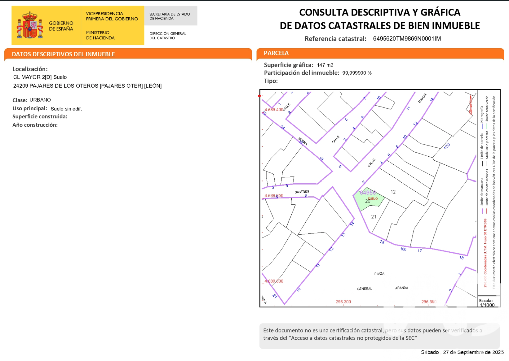 Land plot in Pajares De Los Oteros, Leon, Spain 896 sq.m. No. 185389