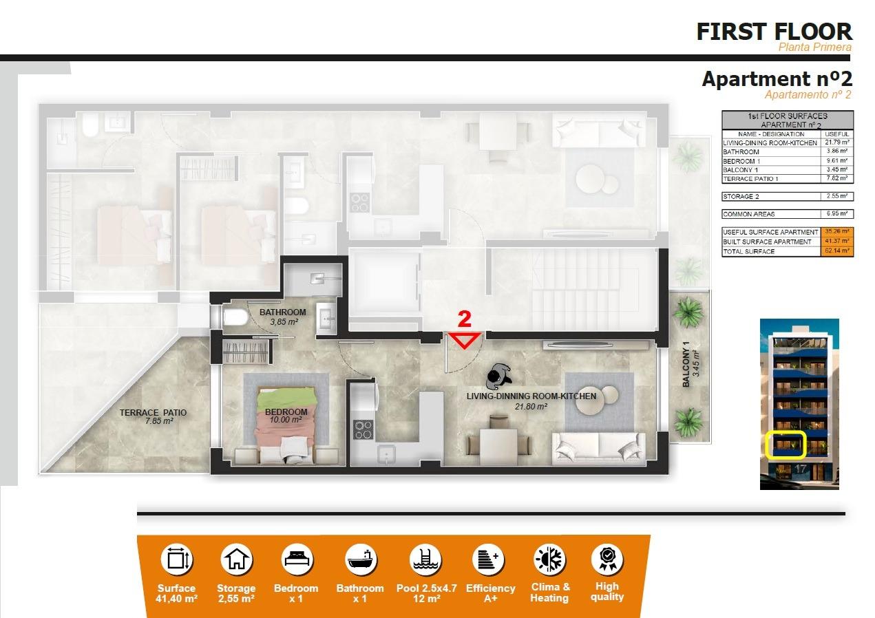 Apartment à Torrevieja, Alicante, Espagne 1 chambre, 62 m2 No. 135125